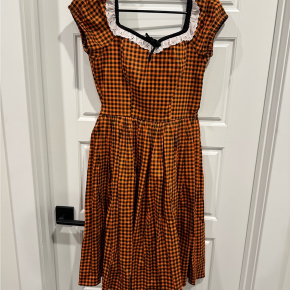 Vixen by Micheline Pitt Orange Checkered Midi Dress with Black Accents - Picture 2 of 5